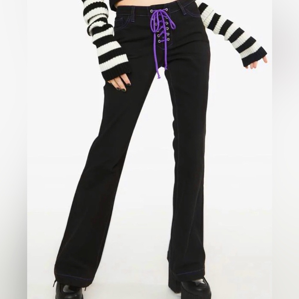 ✨🆕Dolls Kill x Graveyard Girls Black & Purple Flared bottoms Sz S!🦇BNWT!🖤💜 - Picture 8 of 9